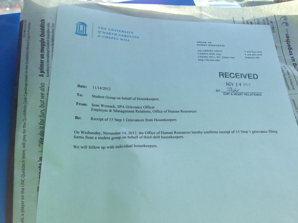 After being denied our request to Human Resources for date stamped copies of each of the 15 grievances that we delivered (a very routine request), we were able to convince HR to give us this receipt proving the date that they were turned in.